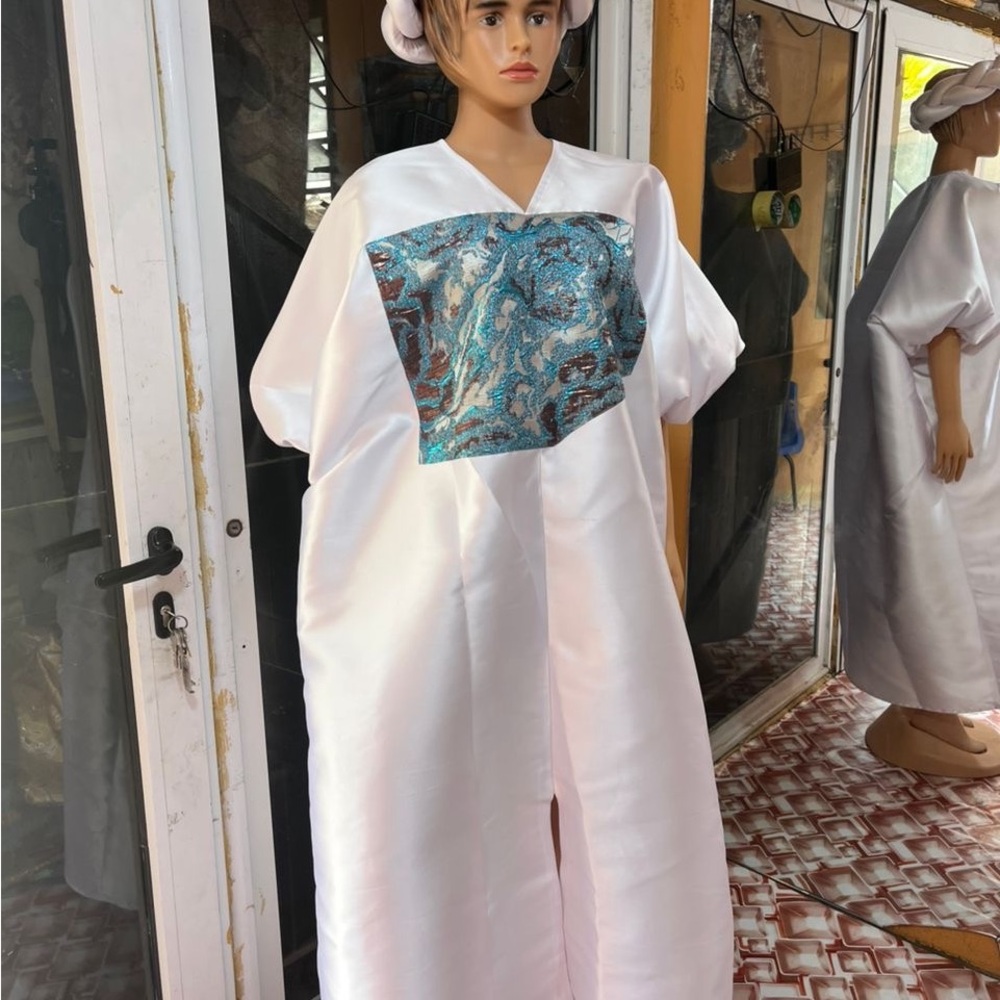White Buobuo Dress with Blue and Brown Abstract Design